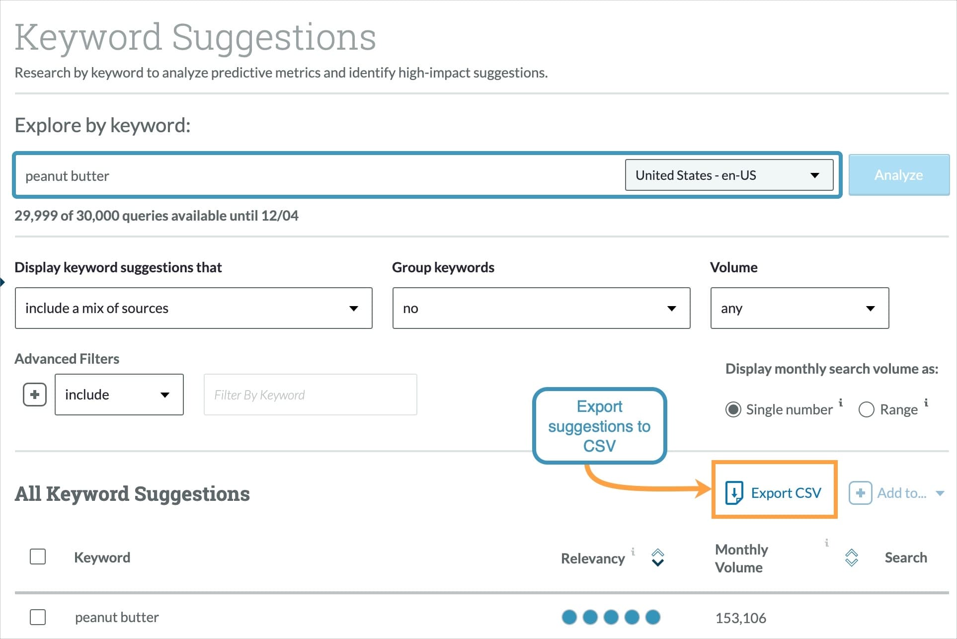 The Export CSV button is located on the top right.