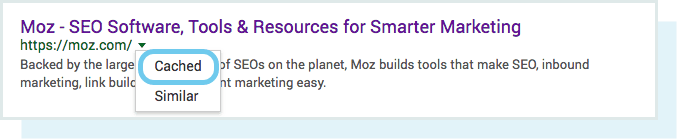 A screenshot of where to see cached results in the SERPs.