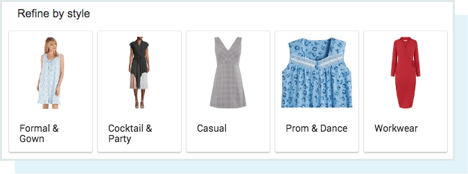 A screenshot of the Refine By results for the query 'dresses.'