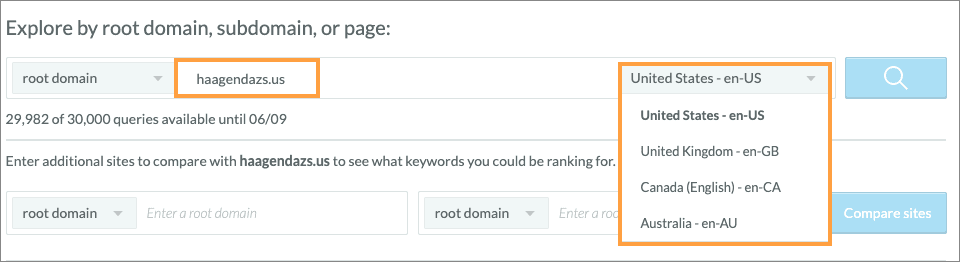 When in the Keyword Explorer Ranking Keywords view, you can use the dropdown on the right to select the country you'd like to see data for.