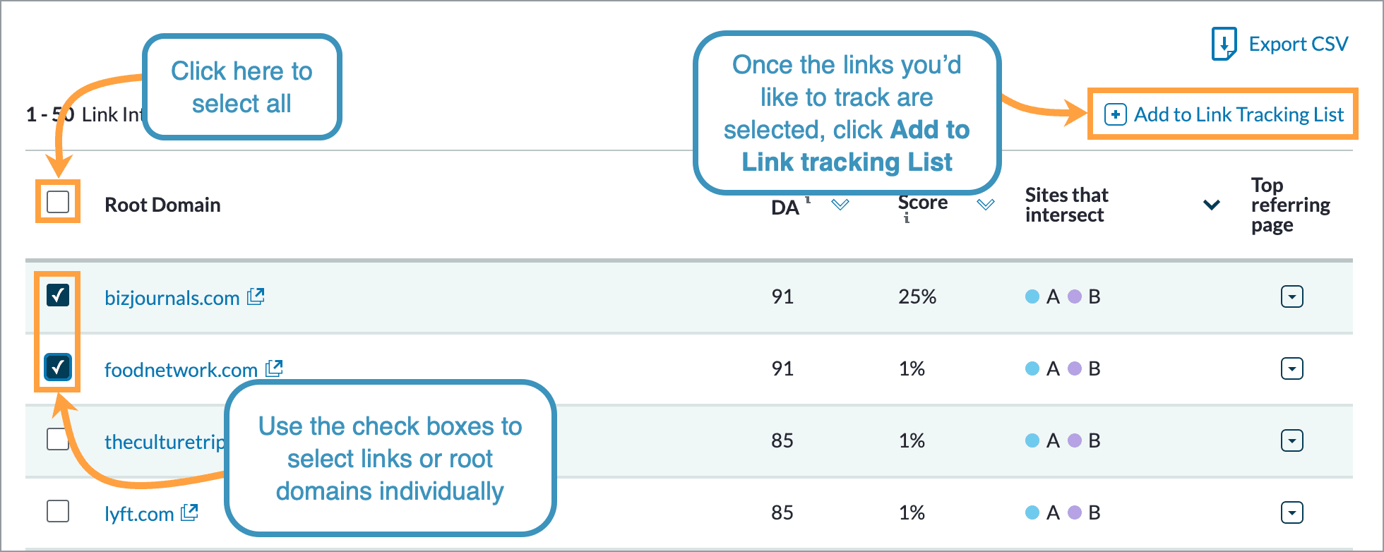 Select links using the check boxes on the left and then click add to link tracking list.